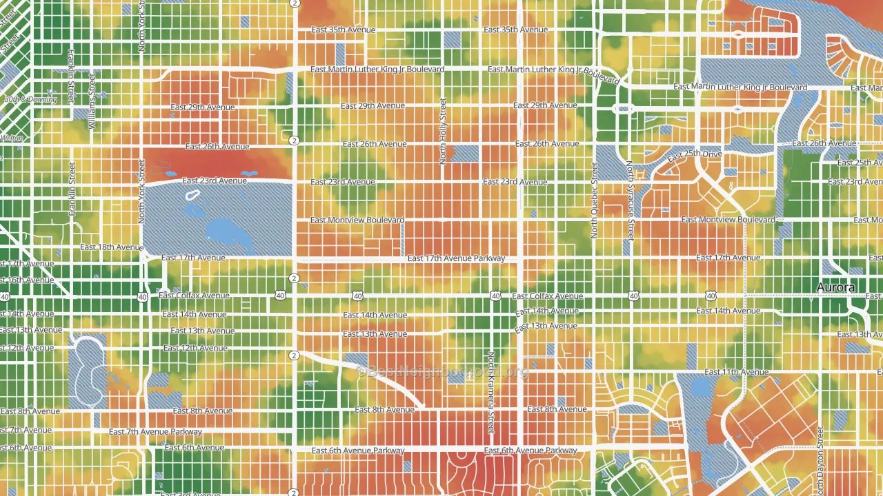 Walk Grade map of South Park Hill, Denver, CO, walkable areas in green and car-dependent areas in red