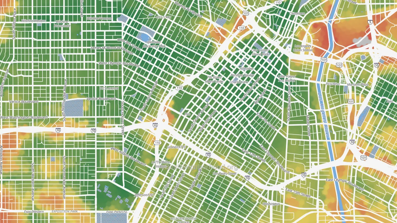 Walk Grade map of South Park, Los Angeles, CA, walkable areas in green and car-dependent areas in red