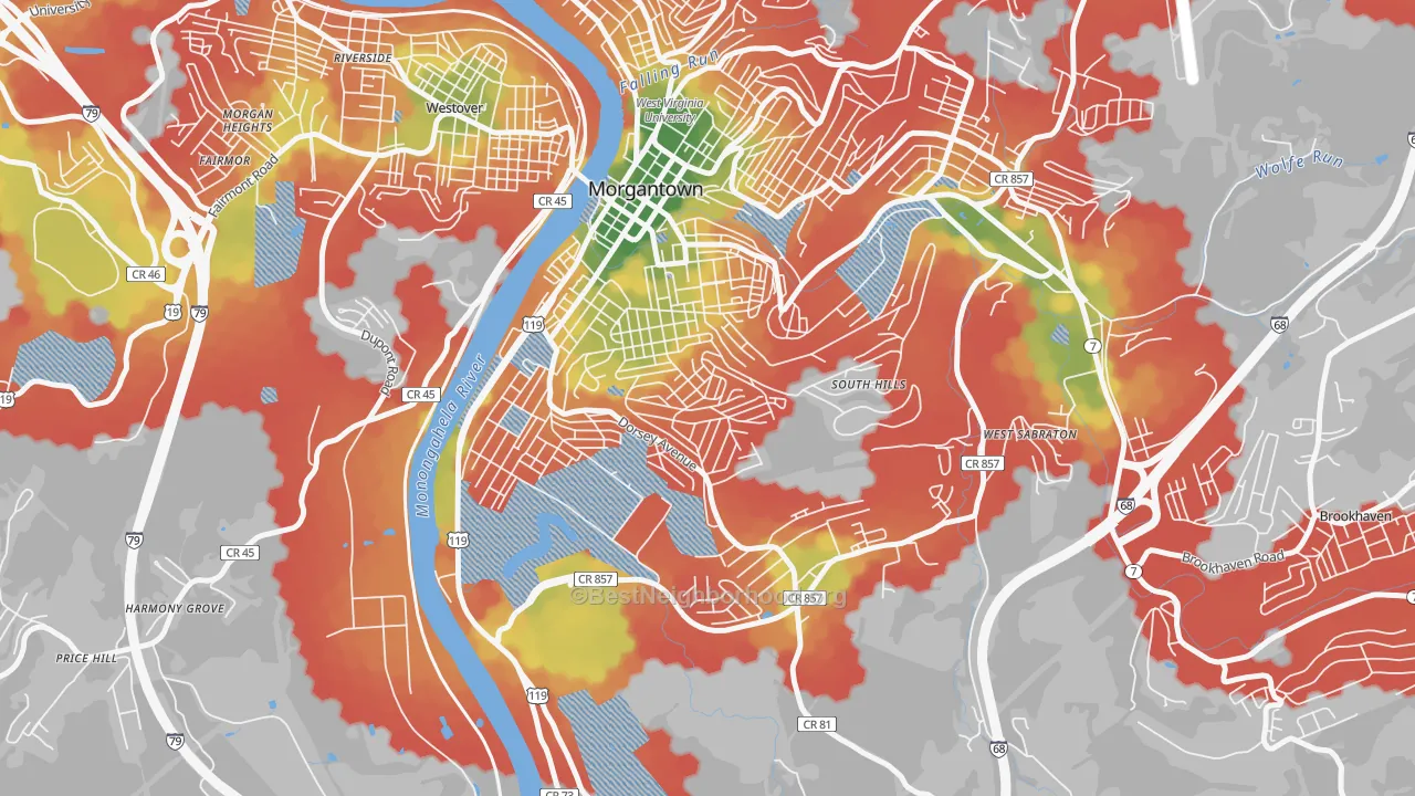 Walk Grade map of South Park, Morgantown, WV, walkable areas in green and car-dependent areas in red