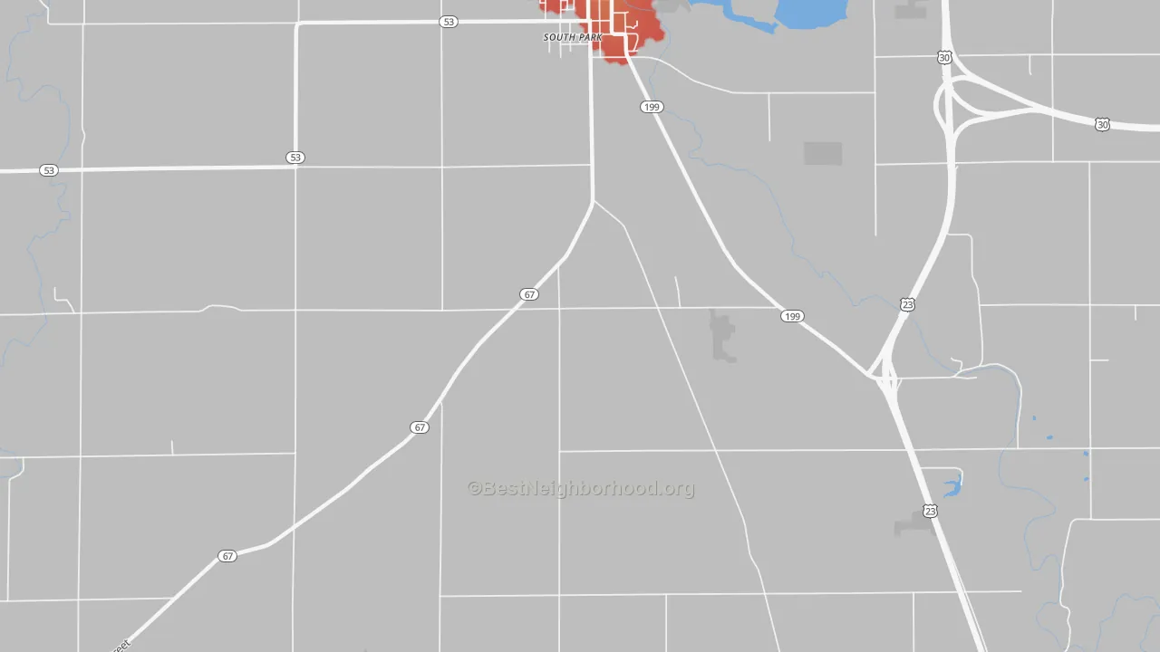 Walk Grade map of South Park, OH, walkable areas in green and car-dependent areas in red