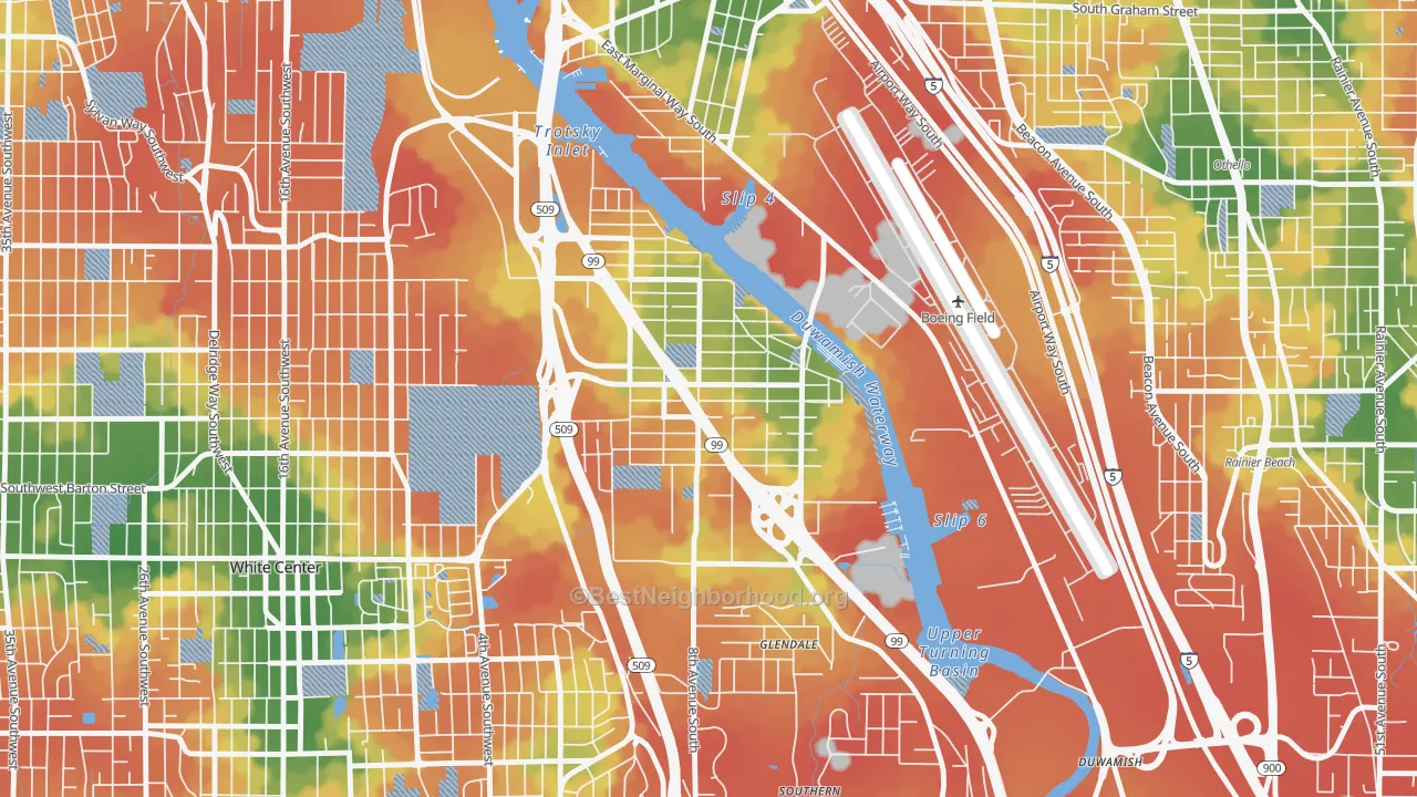 Walk Grade map of South Park, Seattle, WA, walkable areas in green and car-dependent areas in red