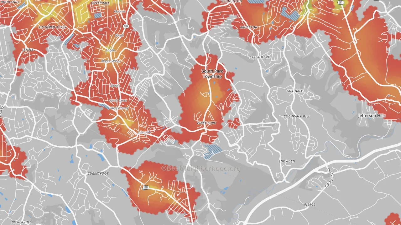 Walk Grade map of South Park Township, PA, walkable areas in green and car-dependent areas in red