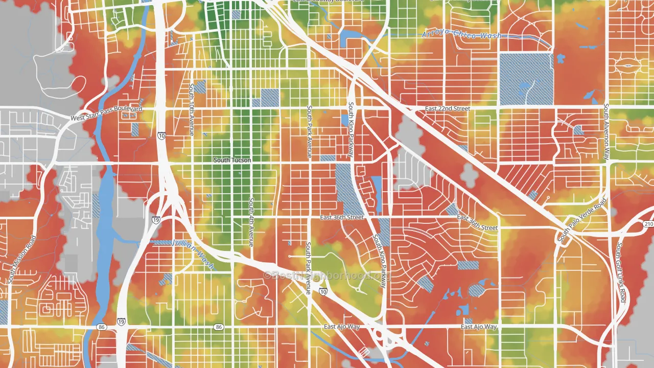 Walk Grade map of South Park, Tucson, AZ, walkable areas in green and car-dependent areas in red