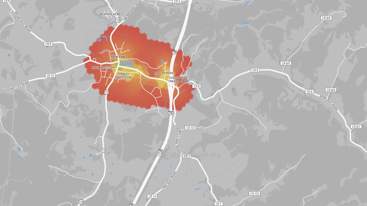 Walk Grade map of South Park, WV, walkable areas in green and car-dependent areas in red