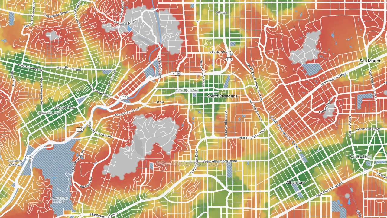 Walk Grade map of South Pasadena, CA, walkable areas in green and car-dependent areas in red
