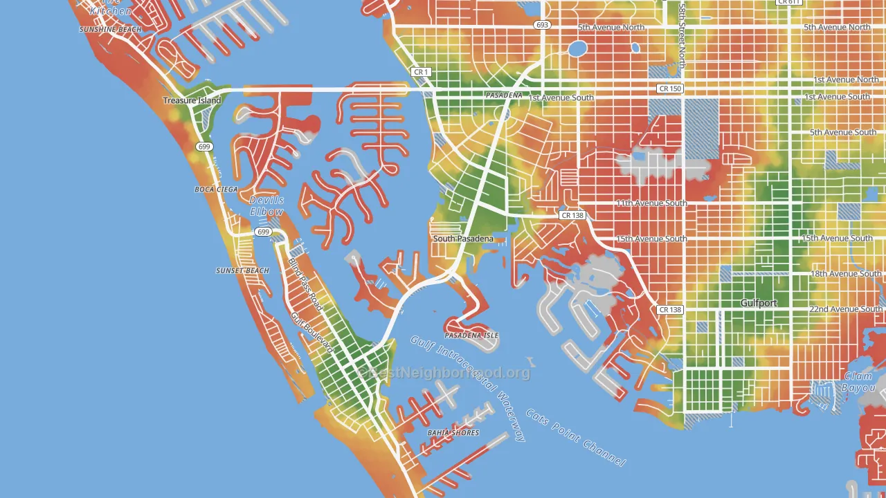 Walk Grade map of South Pasadena, FL, walkable areas in green and car-dependent areas in red