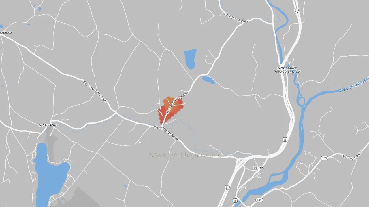 Walk Grade map of South Peacham, VT, walkable areas in green and car-dependent areas in red