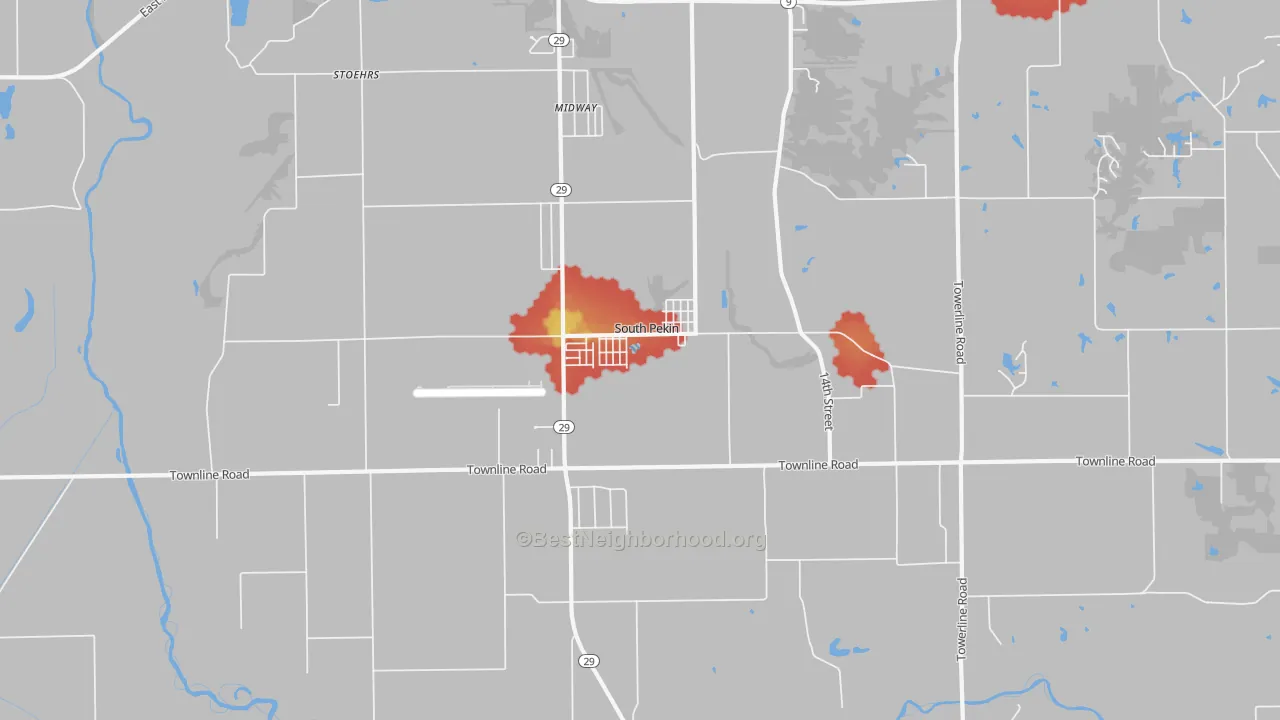 Walk Grade map of South Pekin, IL, walkable areas in green and car-dependent areas in red
