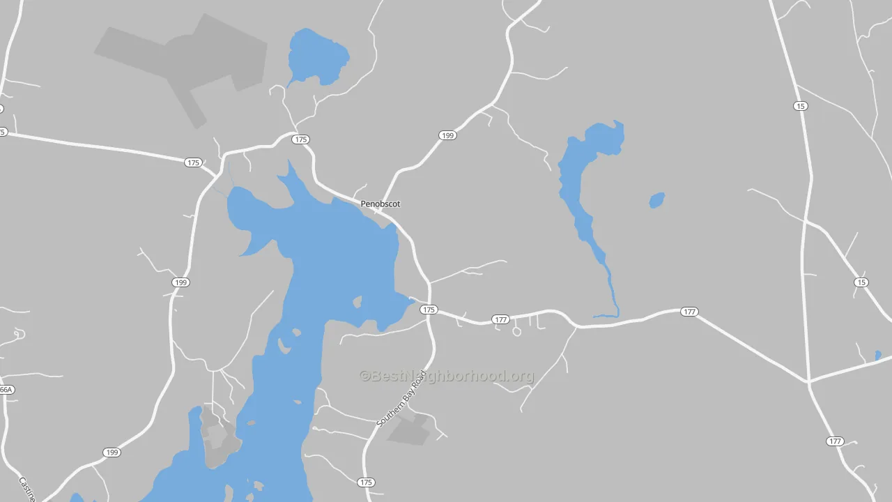 Walk Grade map of South Penobscot, ME, walkable areas in green and car-dependent areas in red