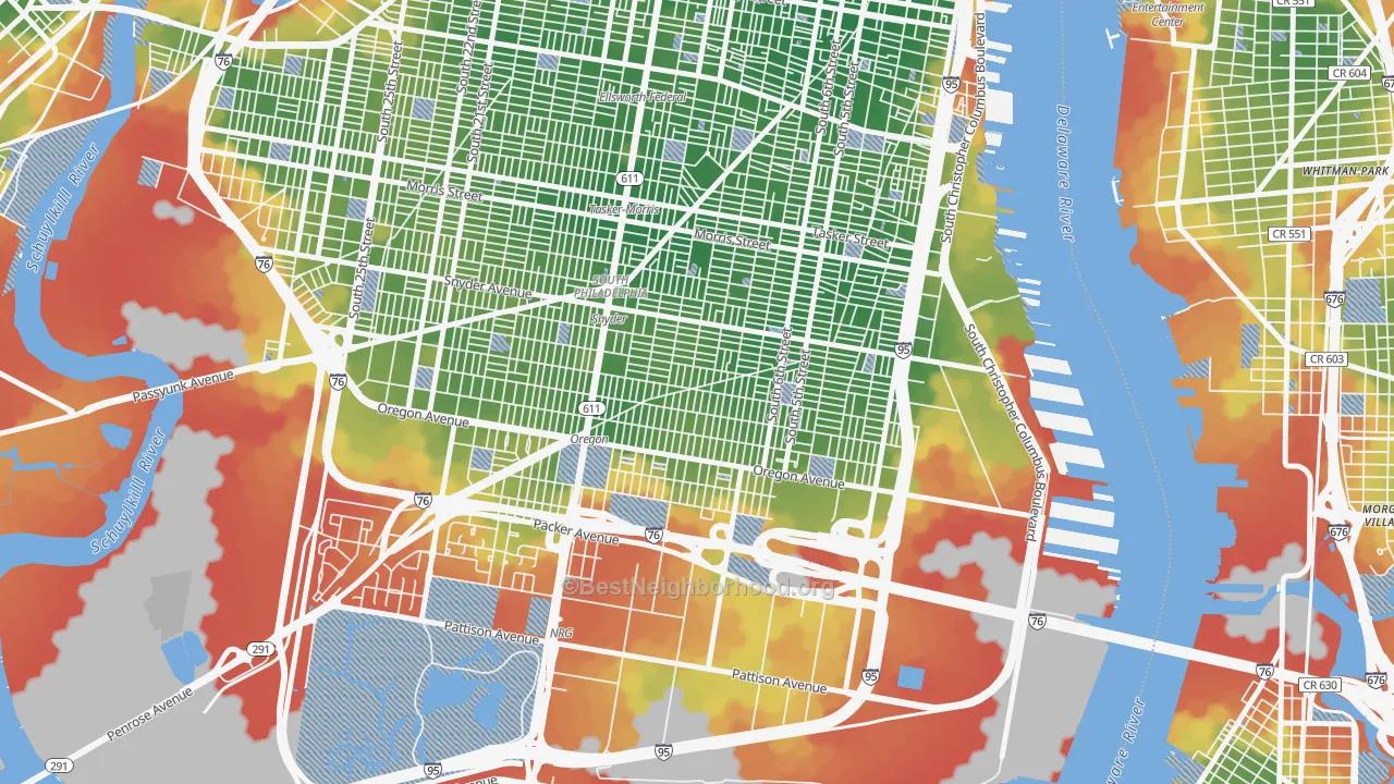 Walk Grade map of South Philadelphia, Philadelphia, PA, walkable areas in green and car-dependent areas in red