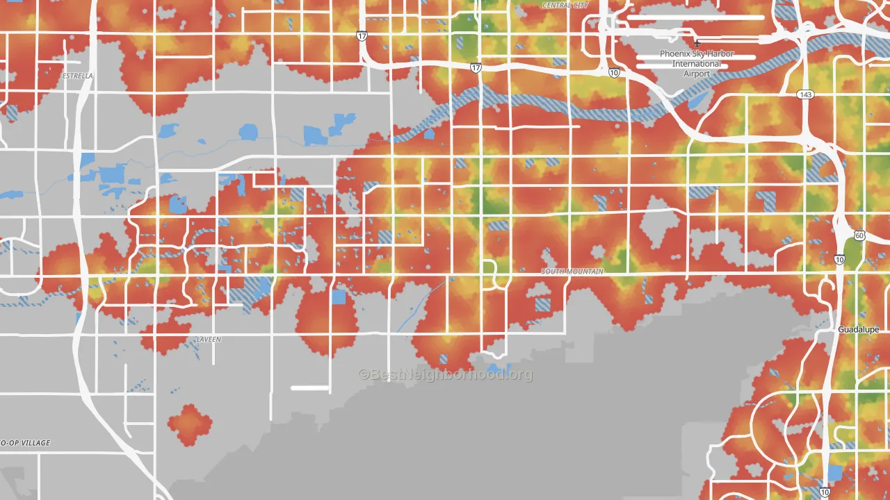 Walk Grade map of South Phoenix, Phoenix, AZ, walkable areas in green and car-dependent areas in red