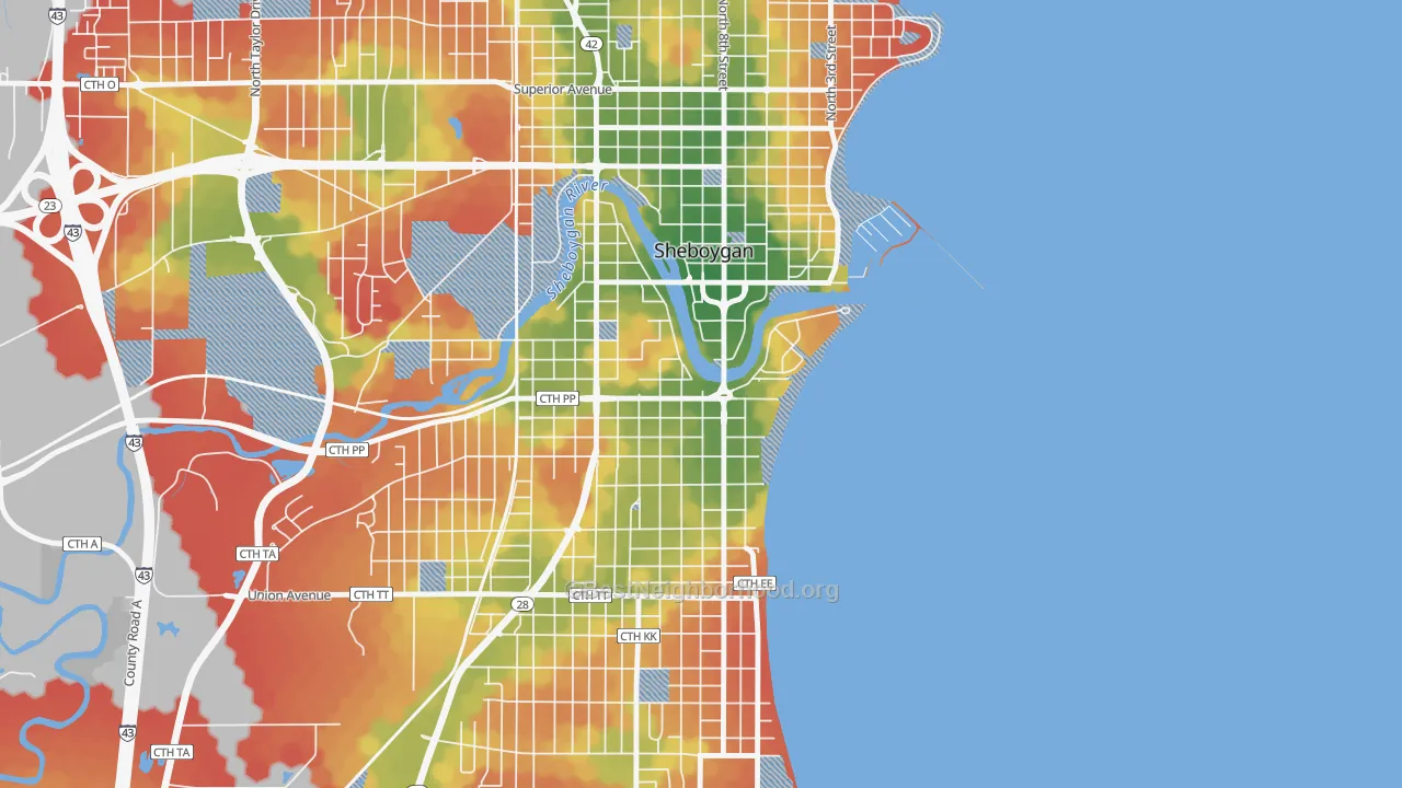 Walk Grade map of South Pier, Sheboygan, WI, walkable areas in green and car-dependent areas in red