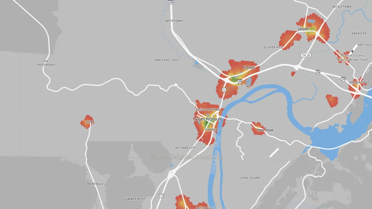 Walk Grade map of South Pittsburg, TN, walkable areas in green and car-dependent areas in red