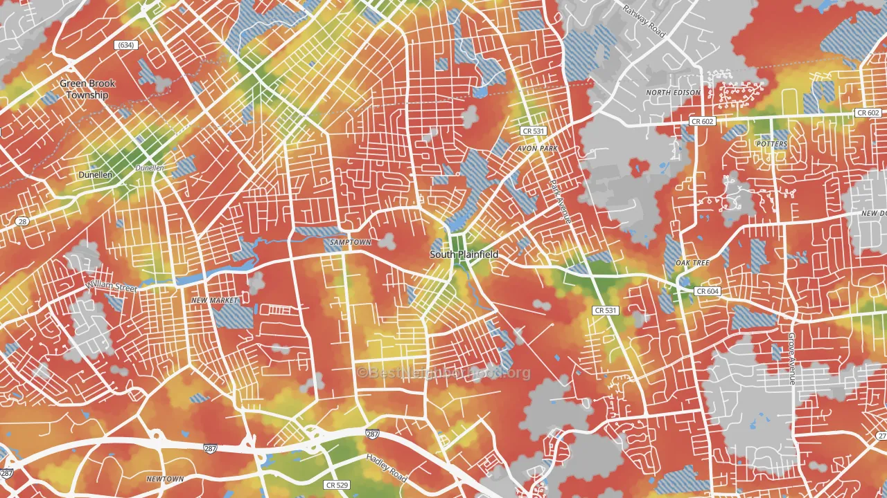 Walk Grade map of South Plainfield, NJ, walkable areas in green and car-dependent areas in red
