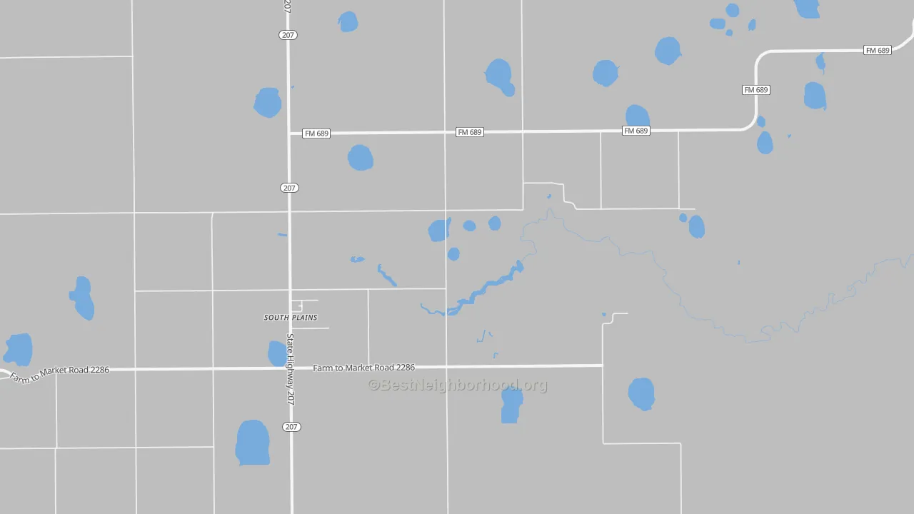 Walk Grade map of South Plains, TX, walkable areas in green and car-dependent areas in red