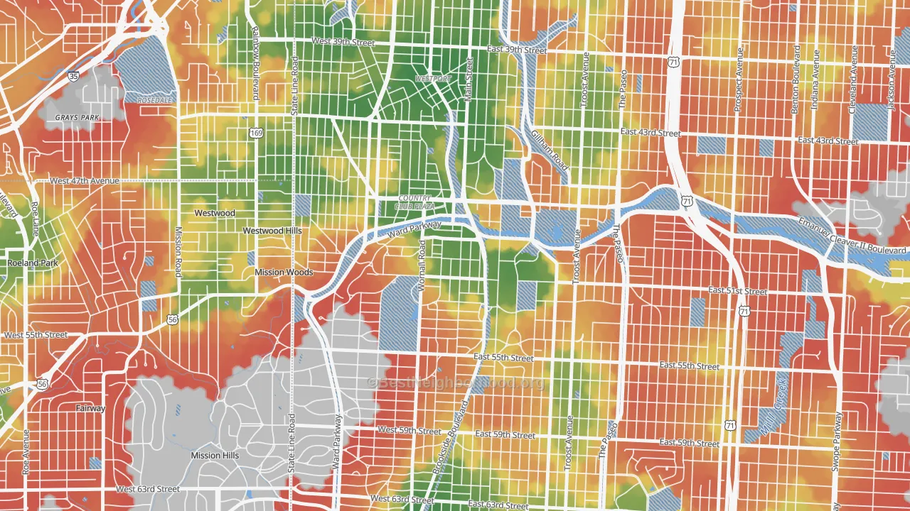 Walk Grade map of South Plaza, Kansas City, MO, walkable areas in green and car-dependent areas in red