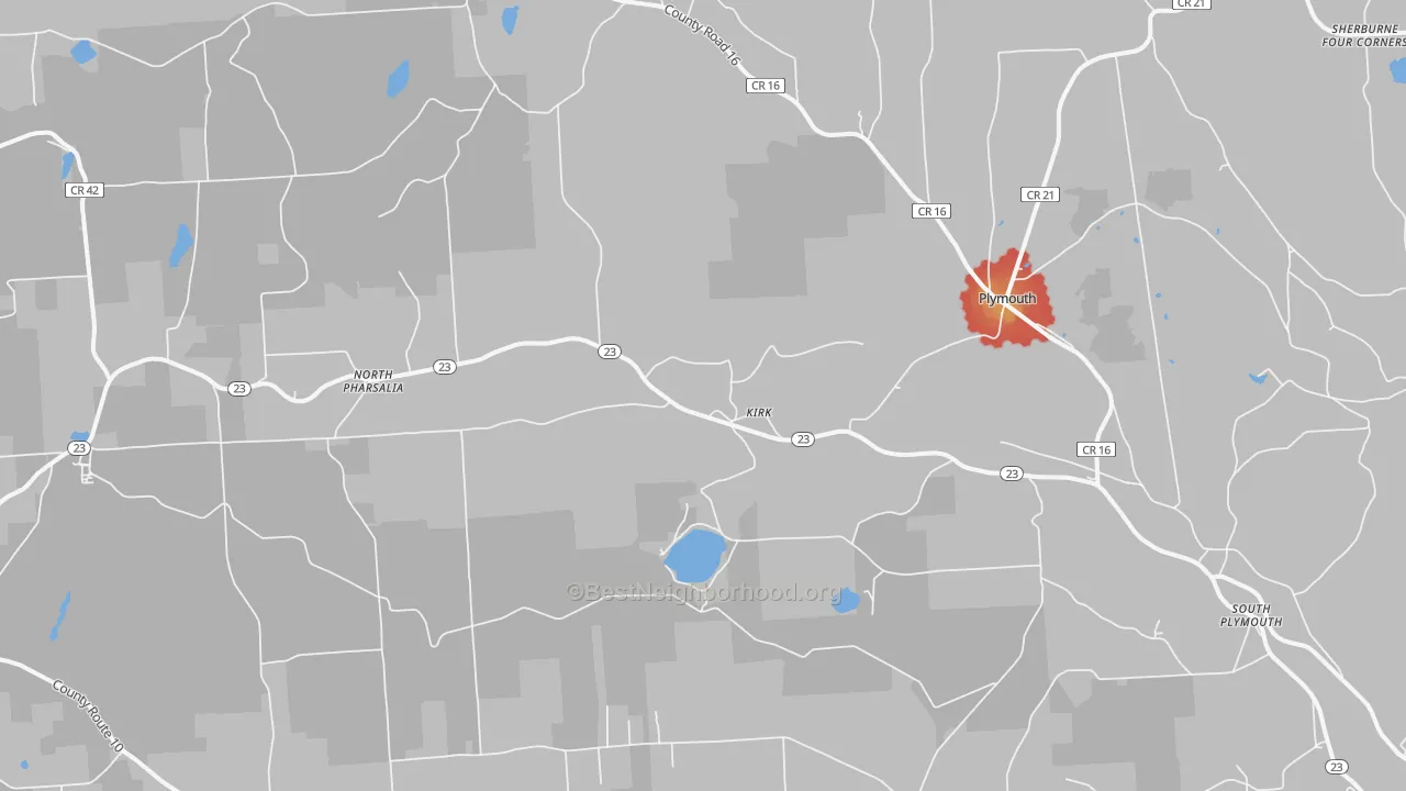 Walk Grade map of South Plymouth, NY, walkable areas in green and car-dependent areas in red