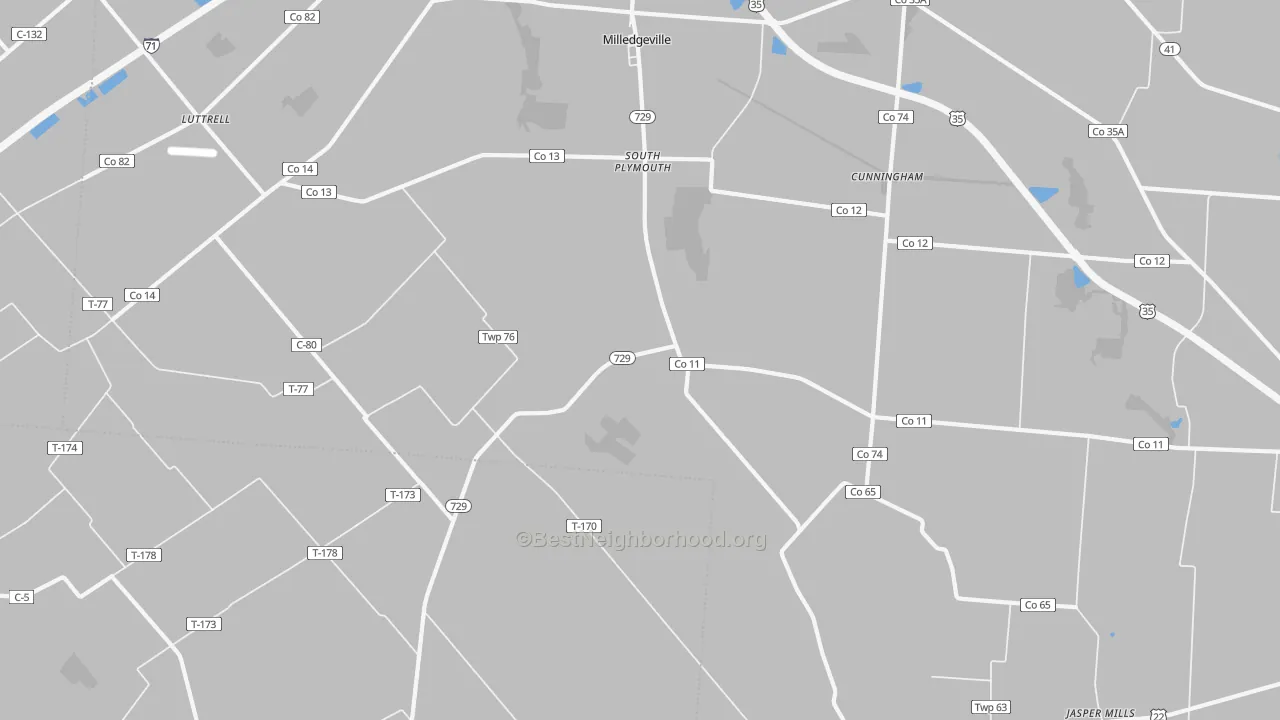 Walk Grade map of South Plymouth, OH, walkable areas in green and car-dependent areas in red