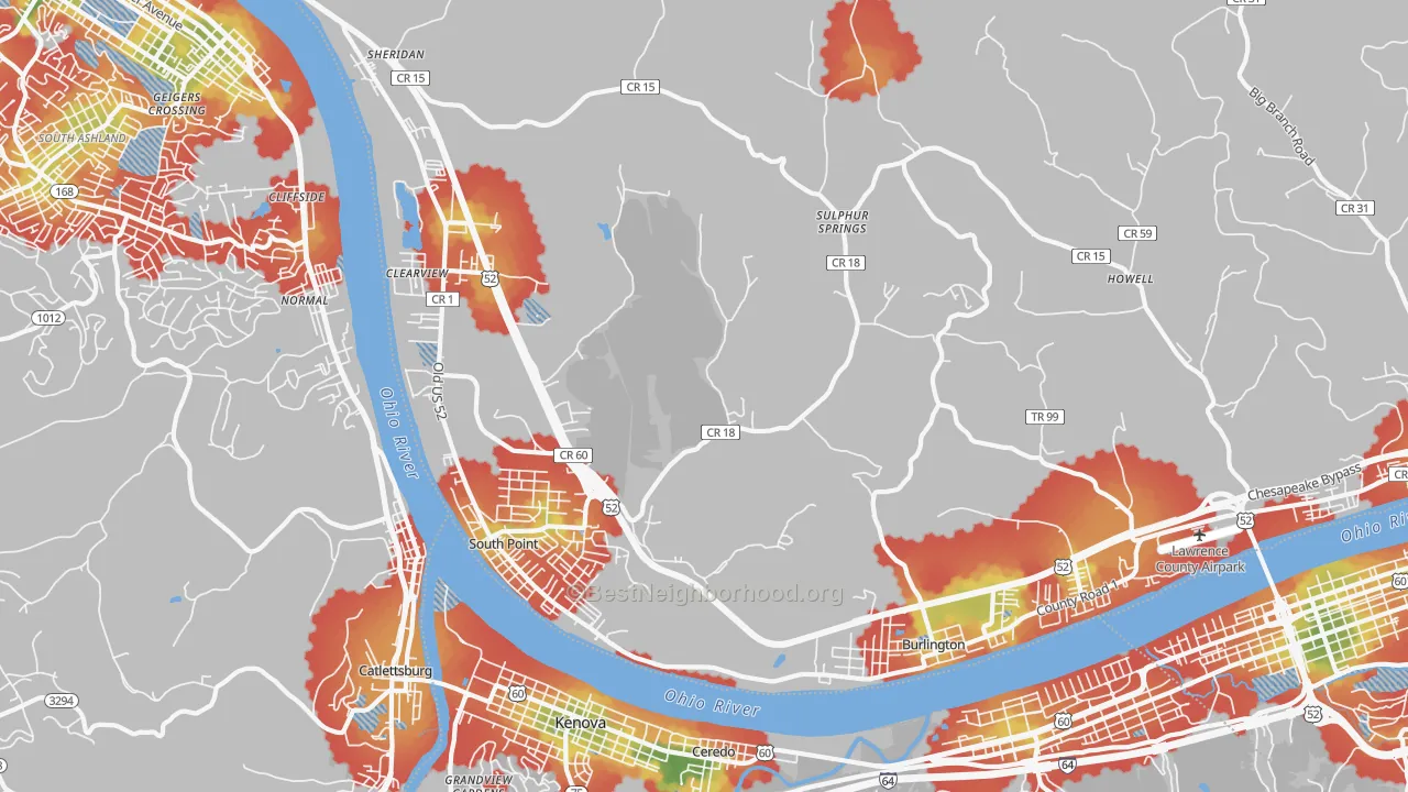 Walk Grade map of South Point, OH, walkable areas in green and car-dependent areas in red