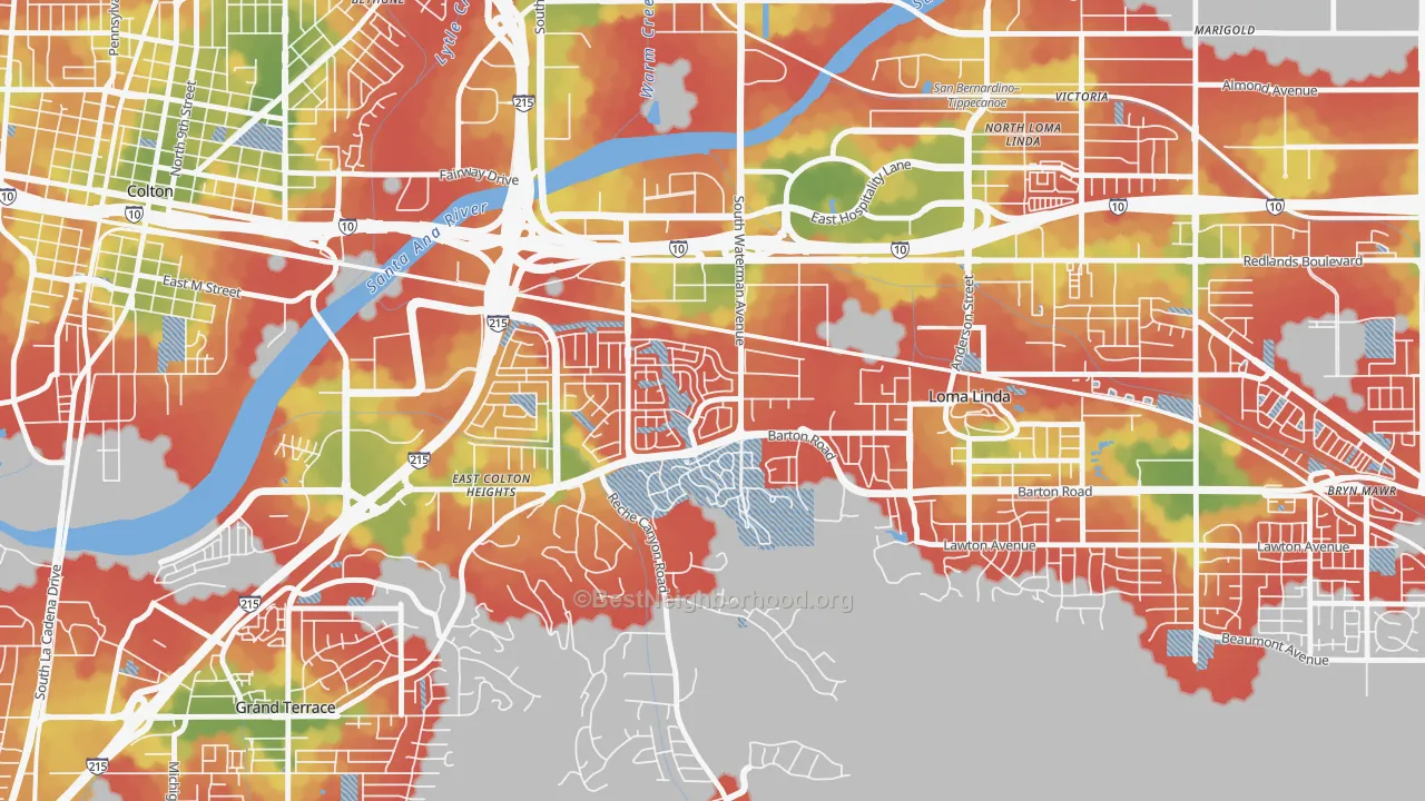 Walk Grade map of South Pointe, San Bernardino, CA, walkable areas in green and car-dependent areas in red