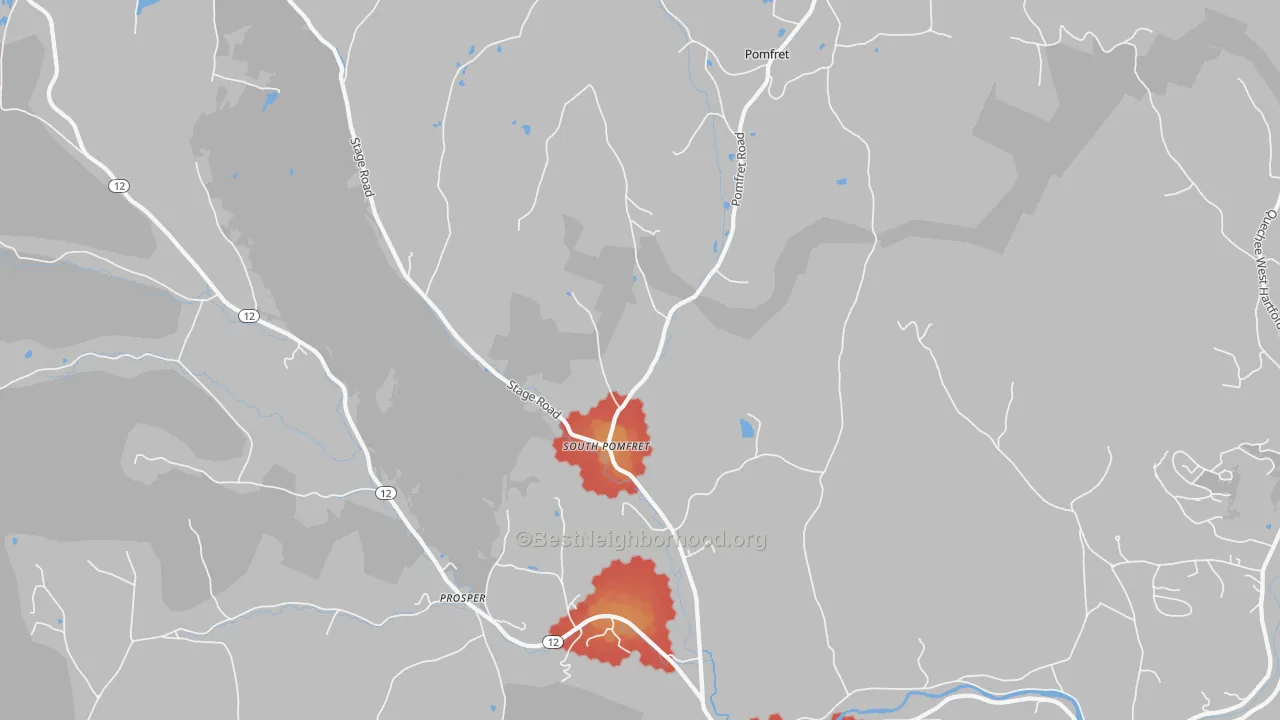 Walk Grade map of South Pomfret, VT, walkable areas in green and car-dependent areas in red