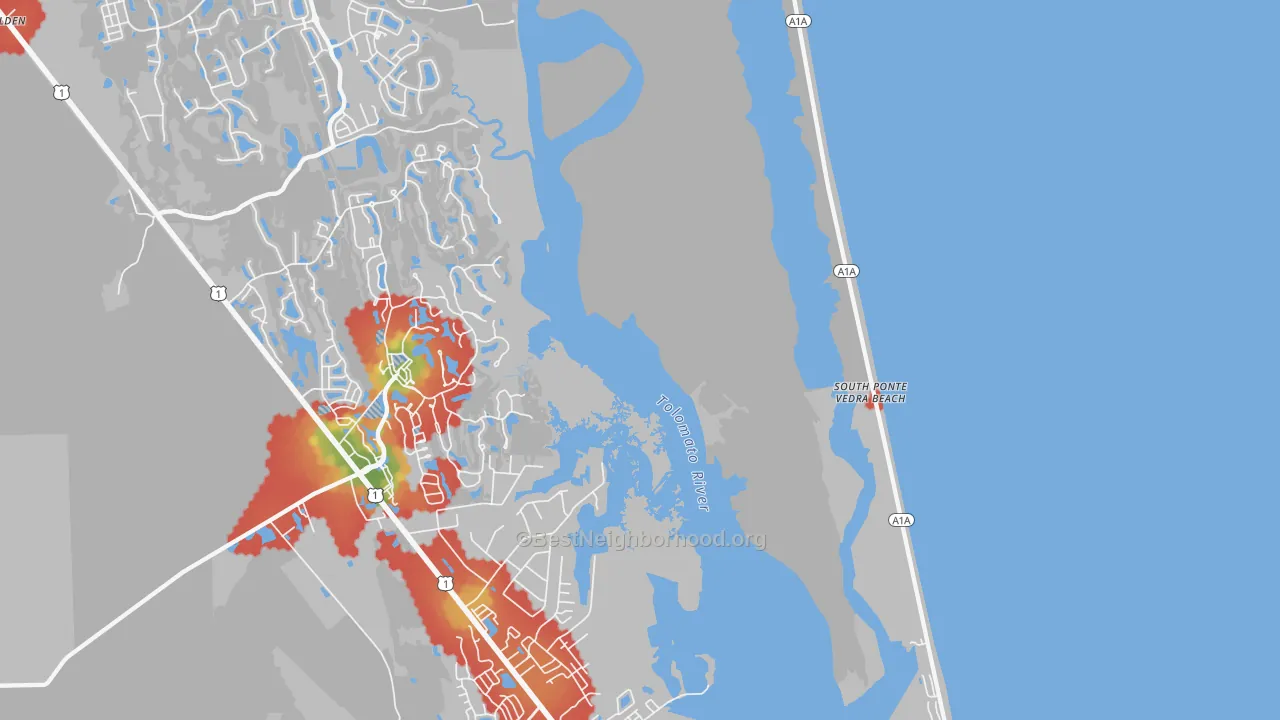 Walk Grade map of South Ponte Vedra Beach, FL, walkable areas in green and car-dependent areas in red