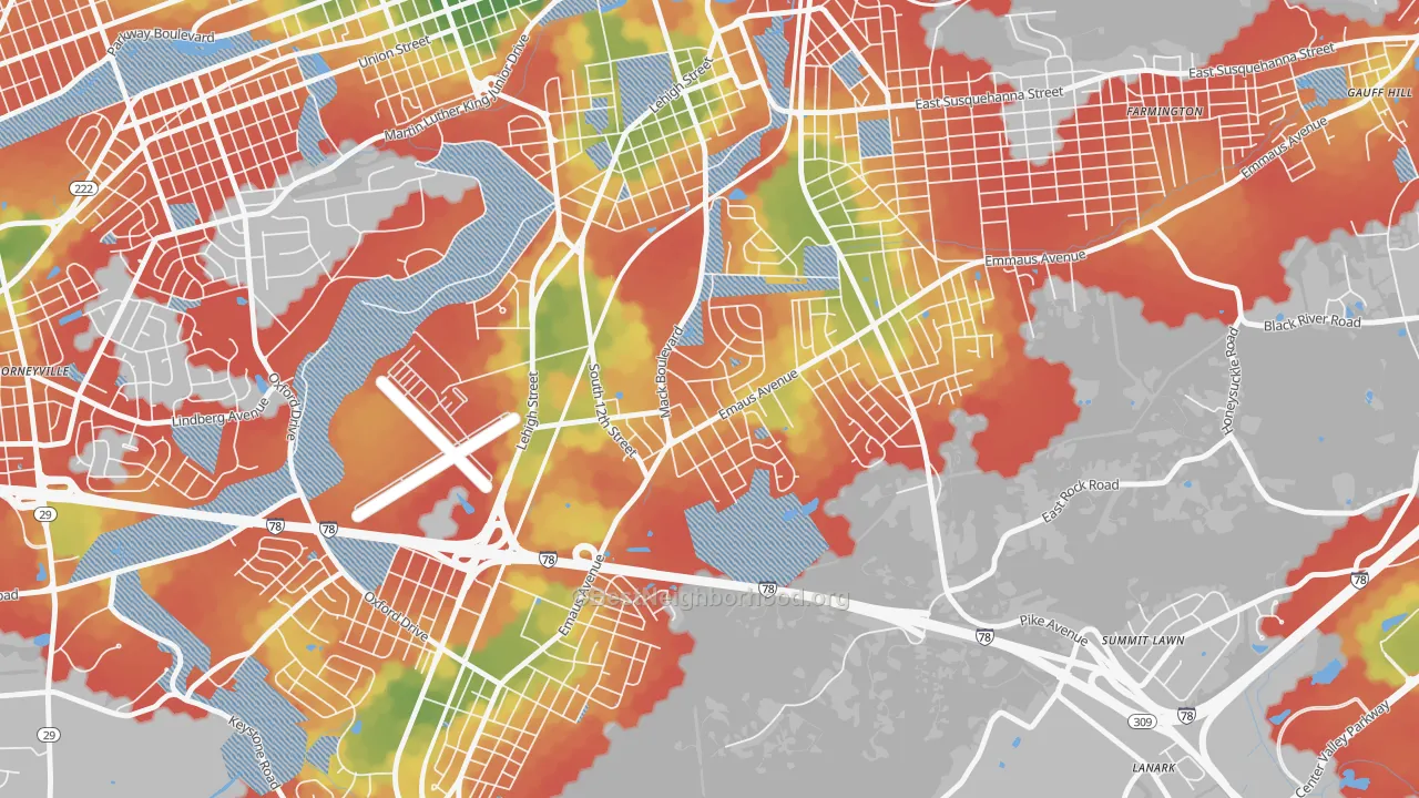 Walk Grade map of South Poplar, Allentown, PA, walkable areas in green and car-dependent areas in red