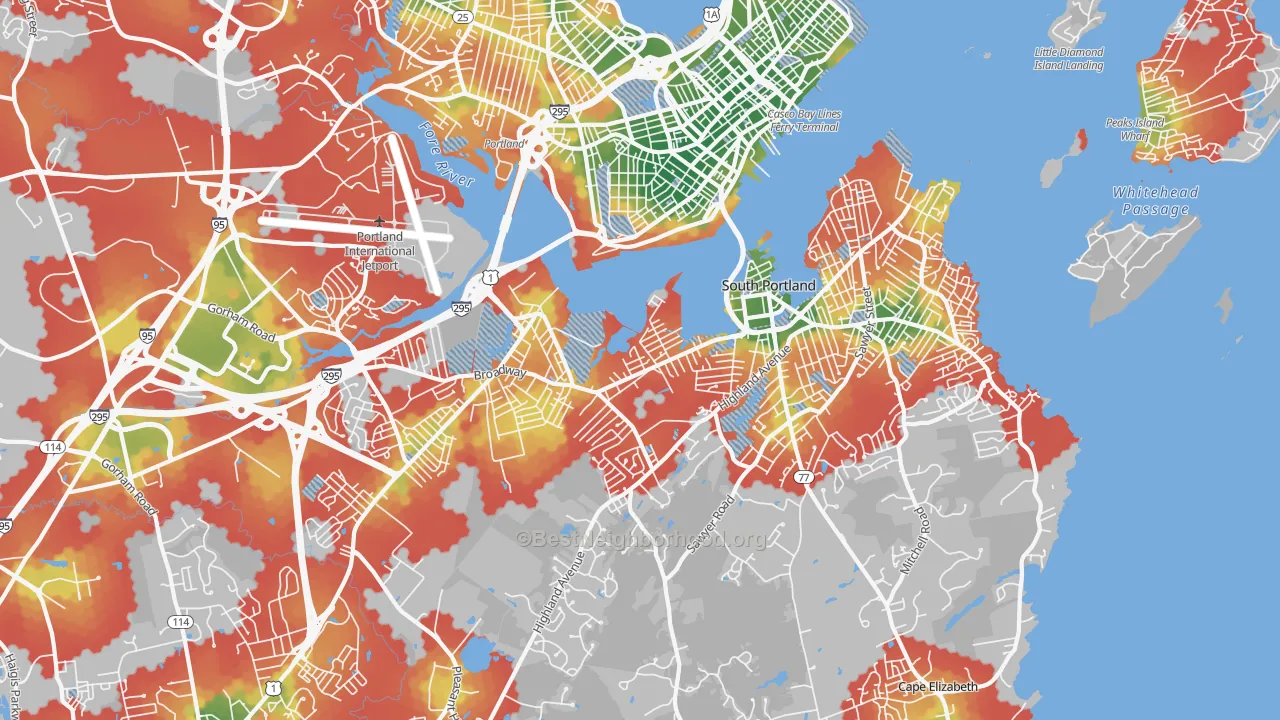 Walk Grade map of South Portland, ME, walkable areas in green and car-dependent areas in red