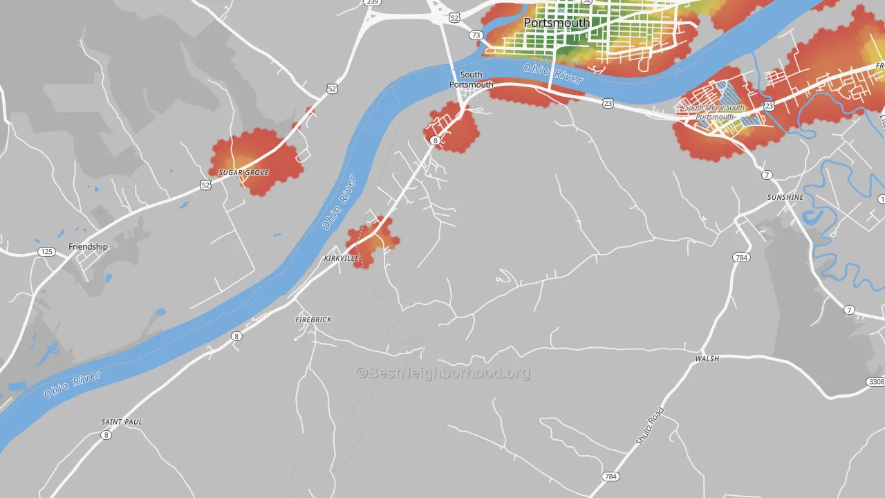 Walk Grade map of South Portsmouth, KY, walkable areas in green and car-dependent areas in red