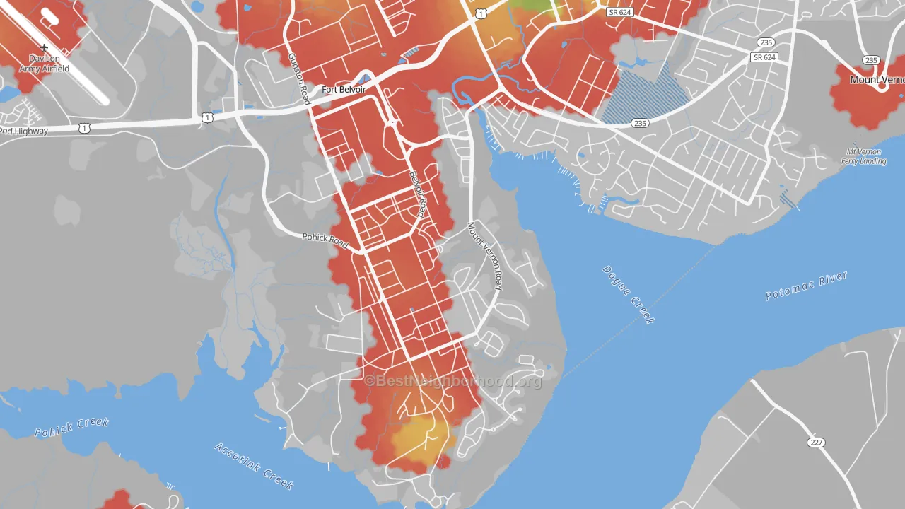 Walk Grade map of South Post, Fort Belvoir, VA, walkable areas in green and car-dependent areas in red
