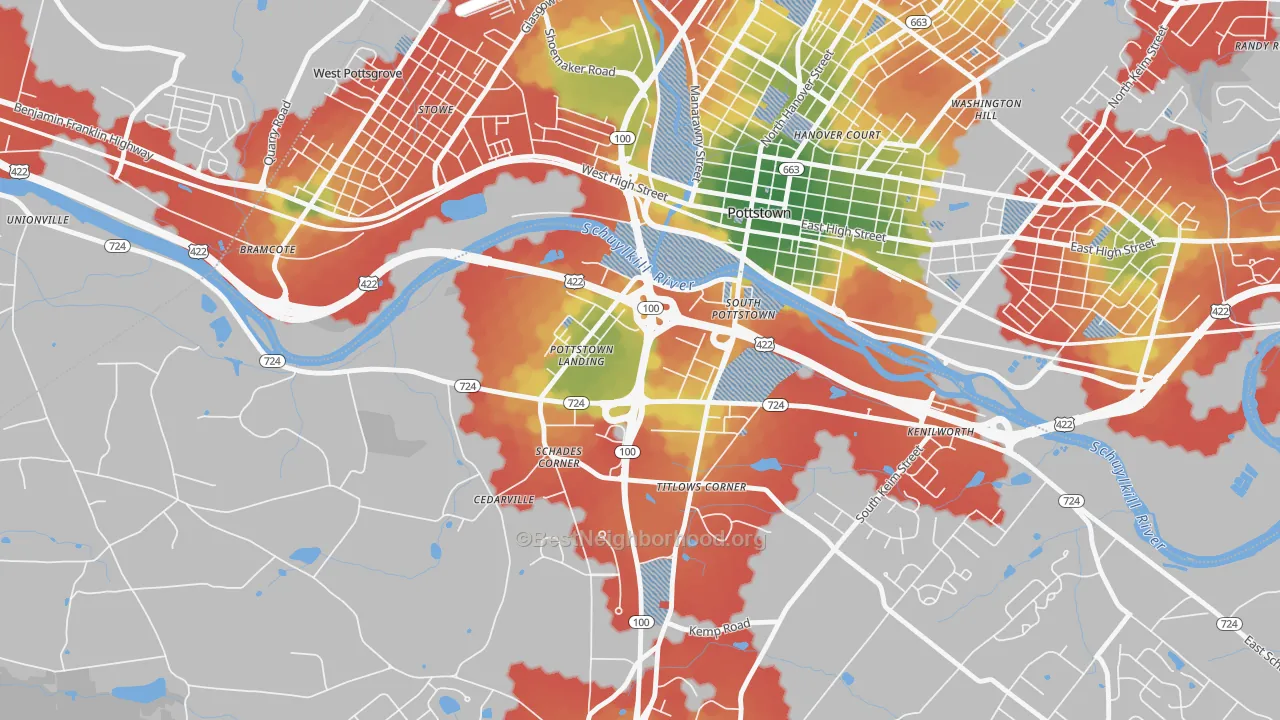 Walk Grade map of South Pottstown, PA, walkable areas in green and car-dependent areas in red