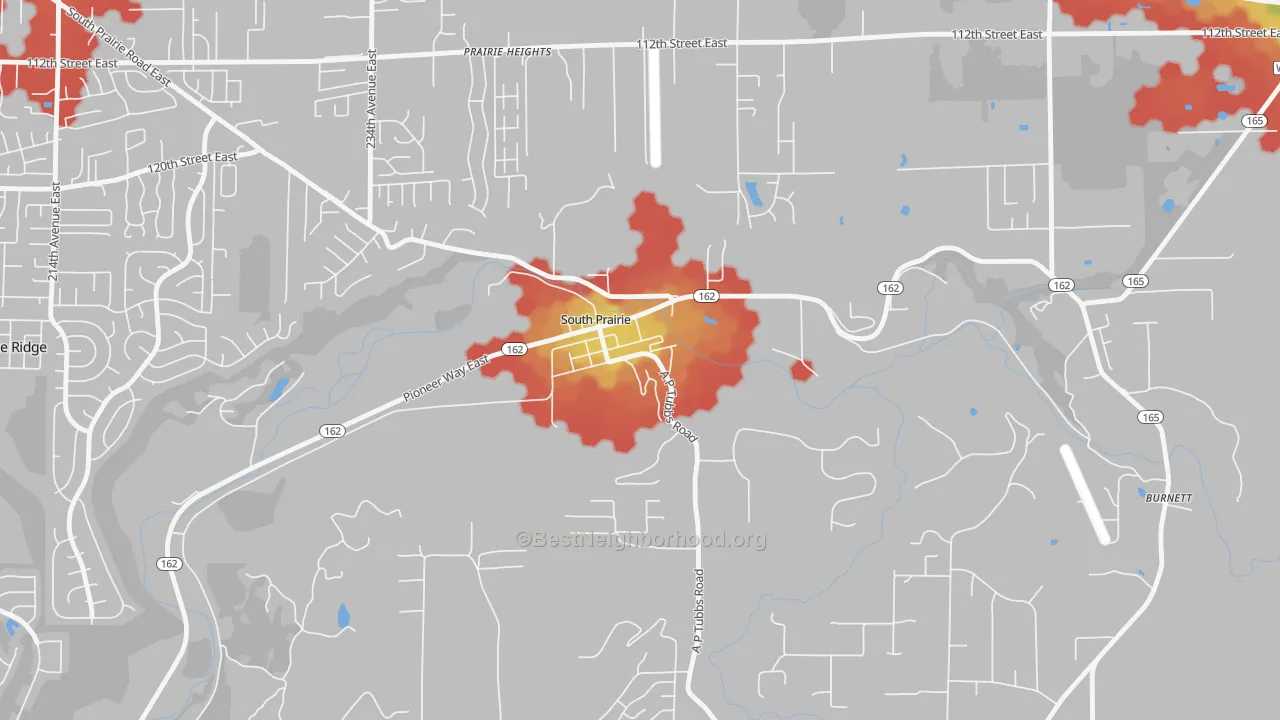 Walk Grade map of South Prairie, WA, walkable areas in green and car-dependent areas in red