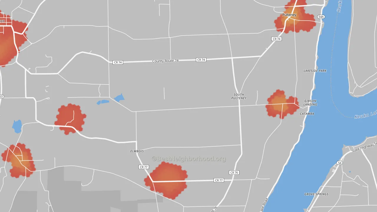 Walk Grade map of South Pulteney, NY, walkable areas in green and car-dependent areas in red