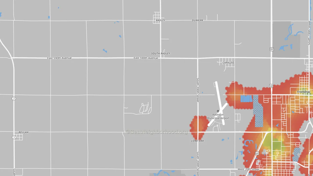 Walk Grade map of South Radley, KS, walkable areas in green and car-dependent areas in red