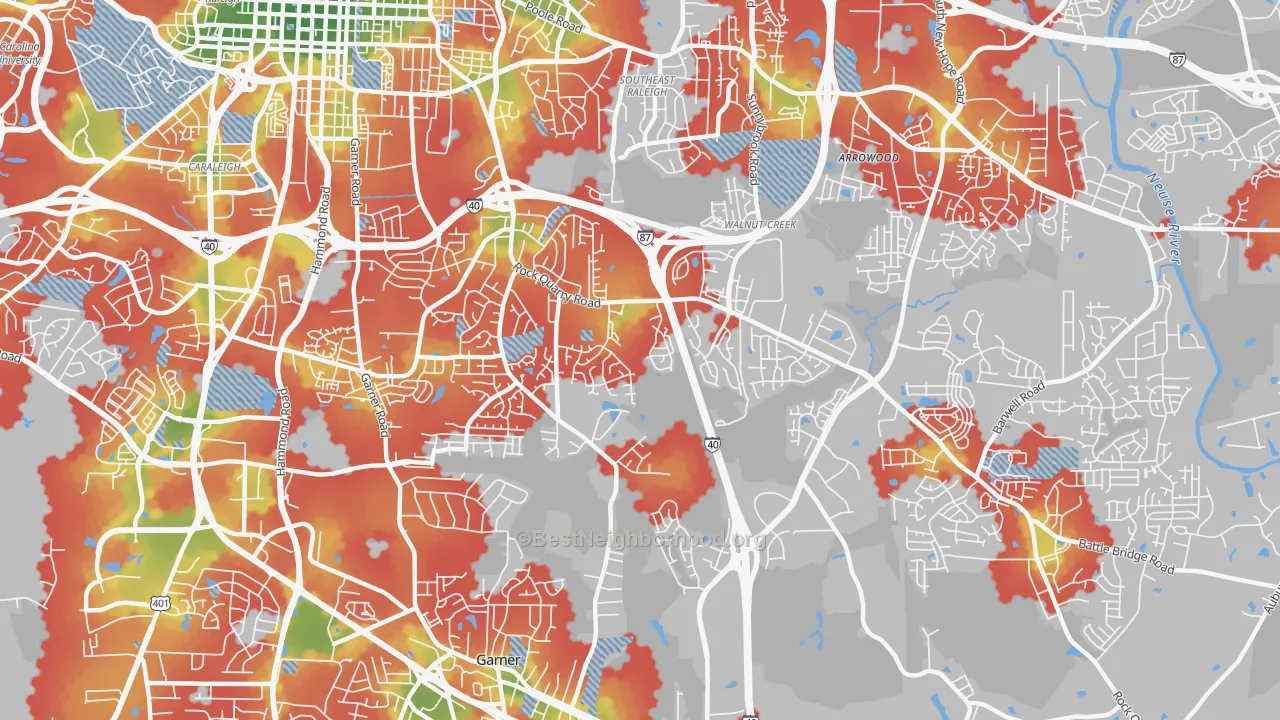 Walk Grade map of South, Raleigh, NC, walkable areas in green and car-dependent areas in red