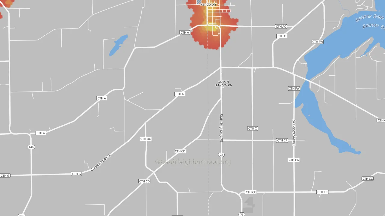 Walk Grade map of South Randolph, WI, walkable areas in green and car-dependent areas in red