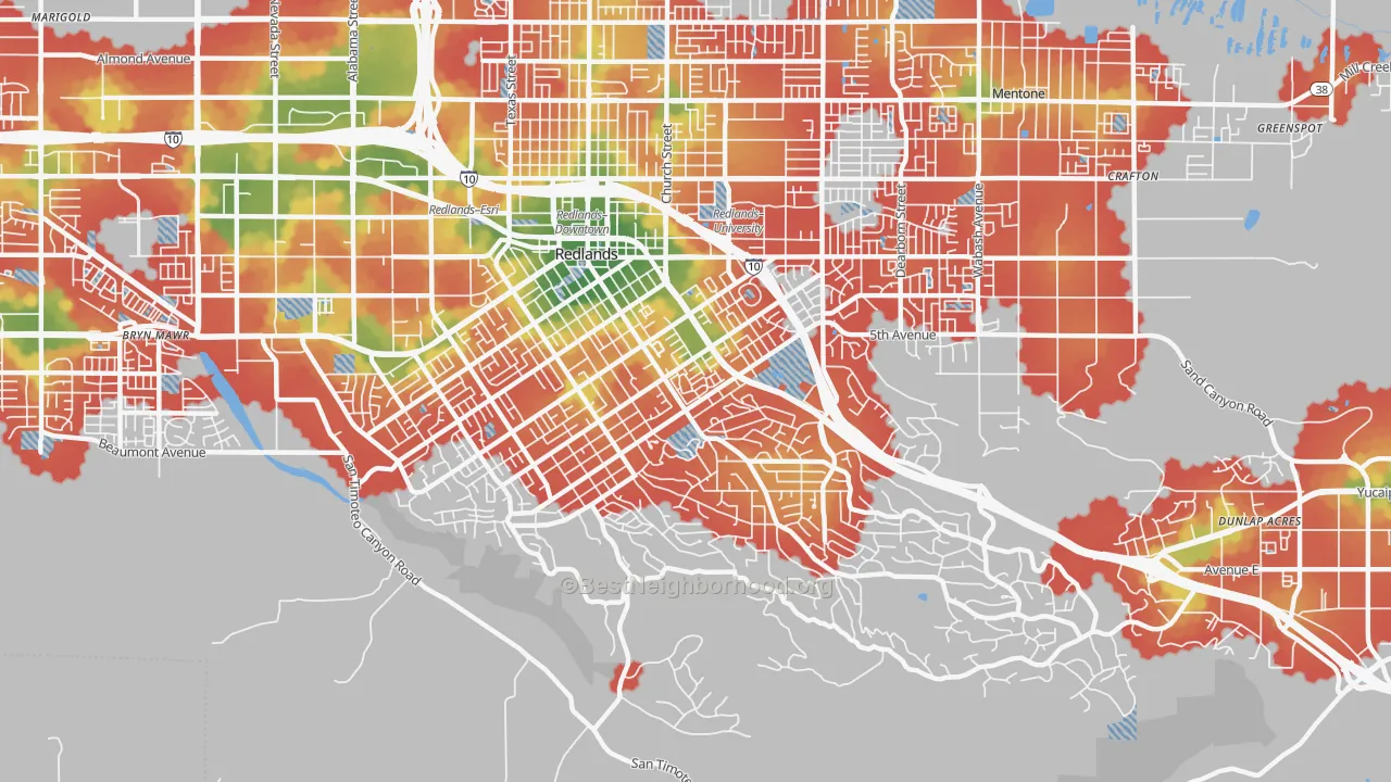 Walk Grade map of South Redlands, Redlands, CA, walkable areas in green and car-dependent areas in red