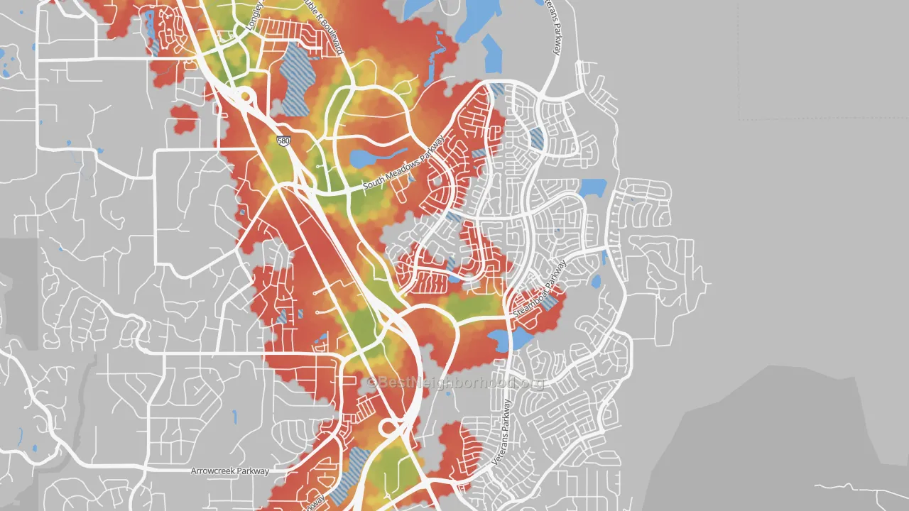 Walk Grade map of South Reno, Reno, NV, walkable areas in green and car-dependent areas in red