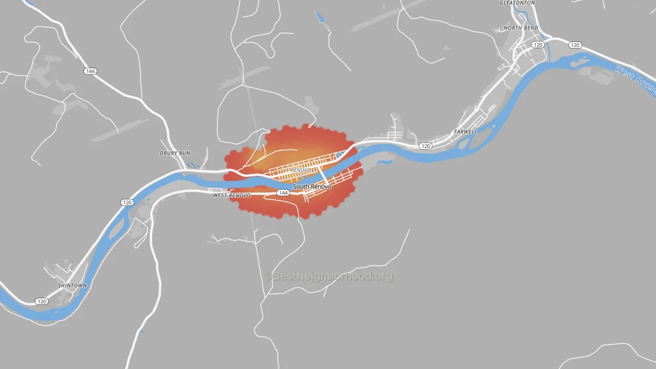 Walk Grade map of South Renovo, PA, walkable areas in green and car-dependent areas in red