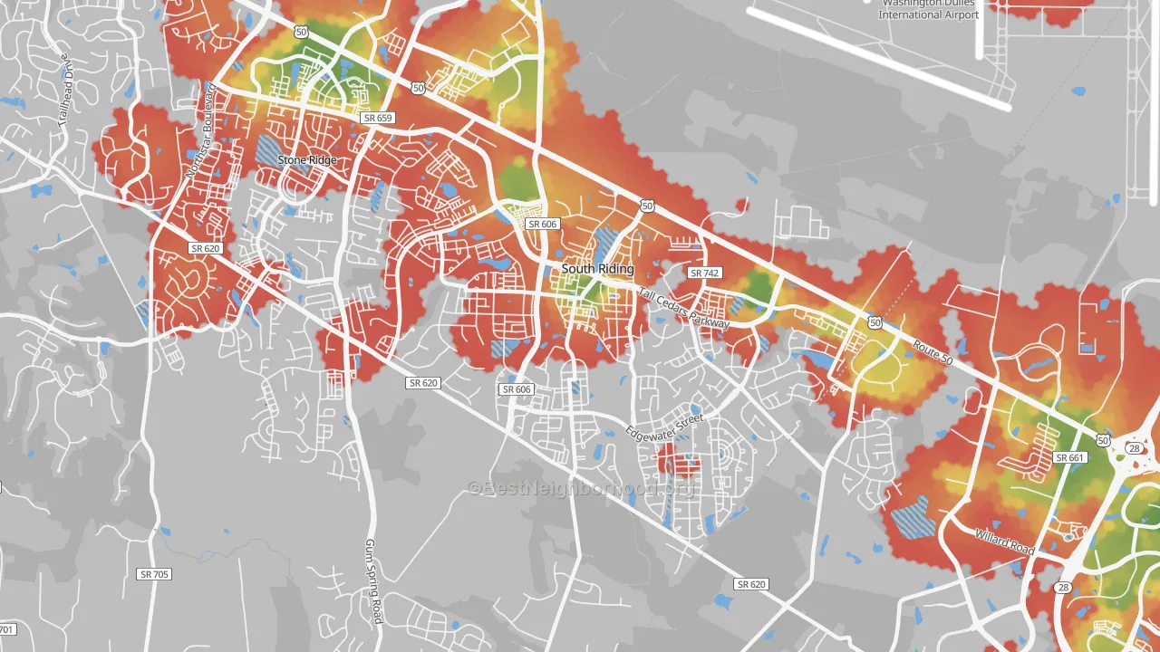 Walk Grade map of South Riding, VA, walkable areas in green and car-dependent areas in red