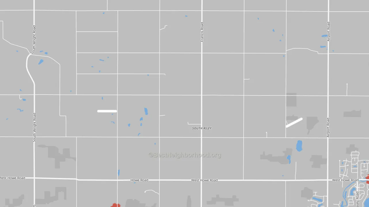 Walk Grade map of South Riley, MI, walkable areas in green and car-dependent areas in red