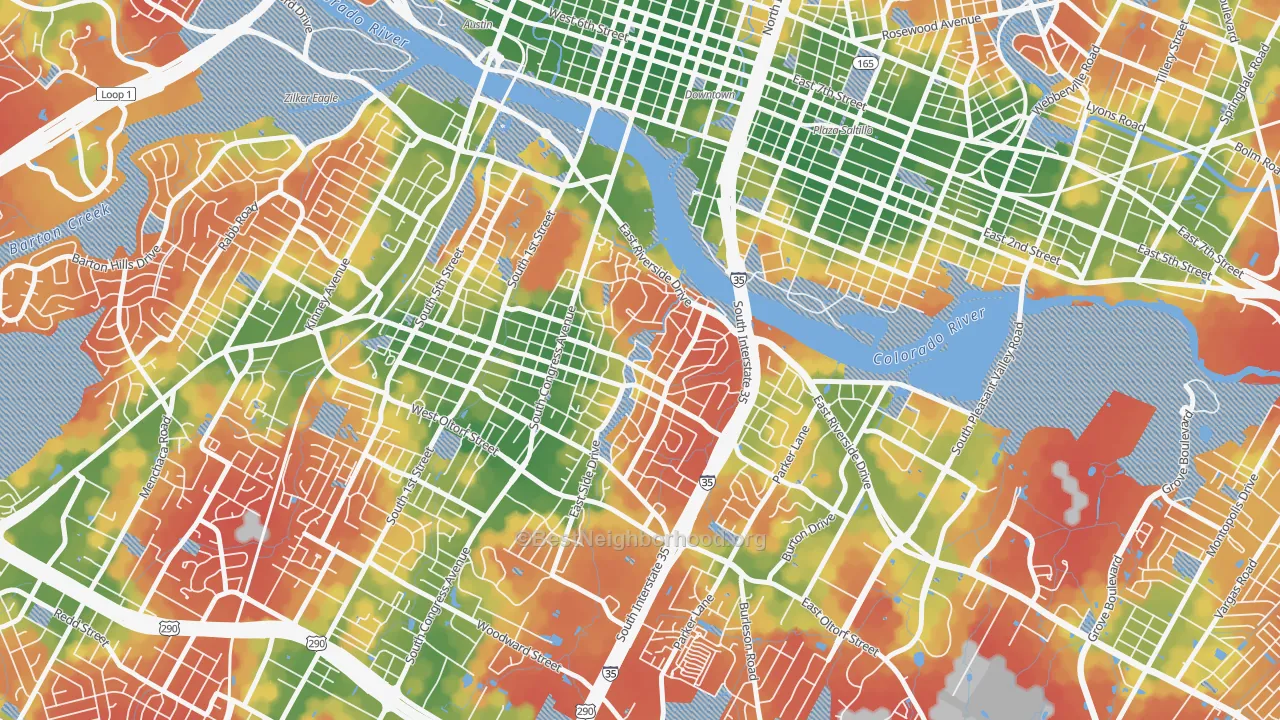 Walk Grade map of South River City, Austin, TX, walkable areas in green and car-dependent areas in red