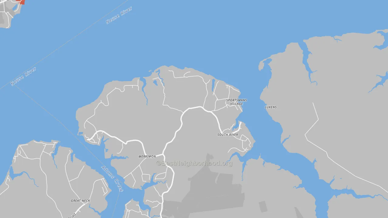 Walk Grade map of South River, NC, walkable areas in green and car-dependent areas in red