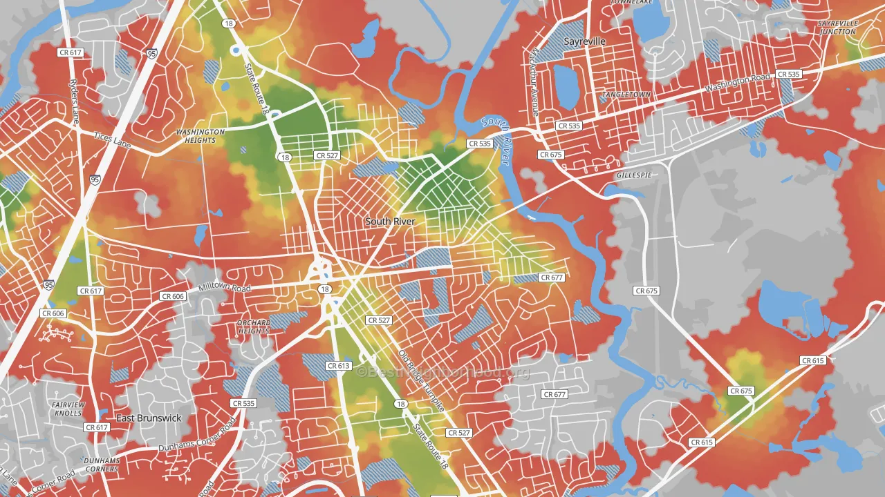 Walk Grade map of South River, NJ, walkable areas in green and car-dependent areas in red