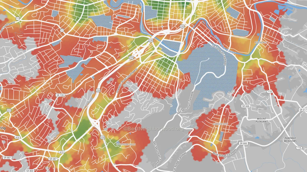 Walk Grade map of South Roanoke, Roanoke, VA, walkable areas in green and car-dependent areas in red