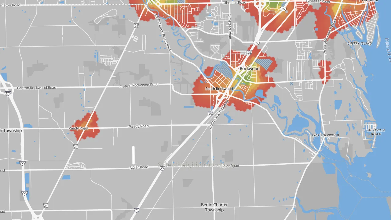 Walk Grade map of South Rockwood, MI, walkable areas in green and car-dependent areas in red