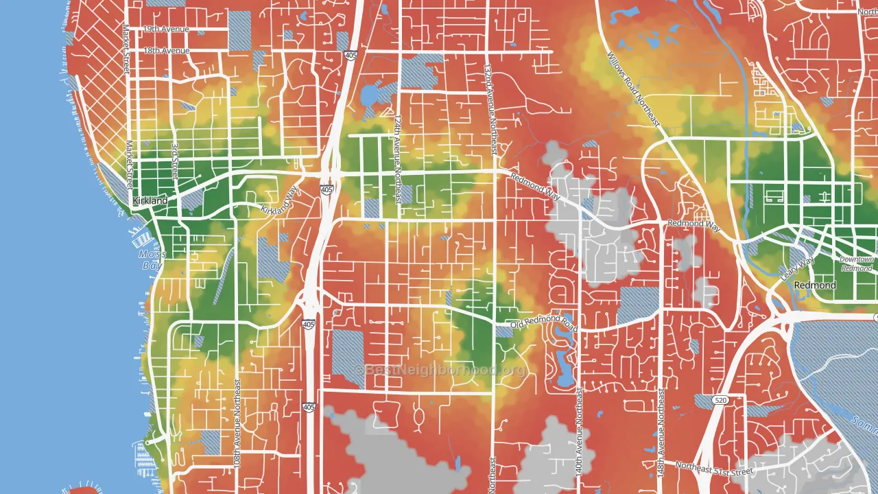 Walk Grade map of South Rose Hill, Kirkland, WA, walkable areas in green and car-dependent areas in red