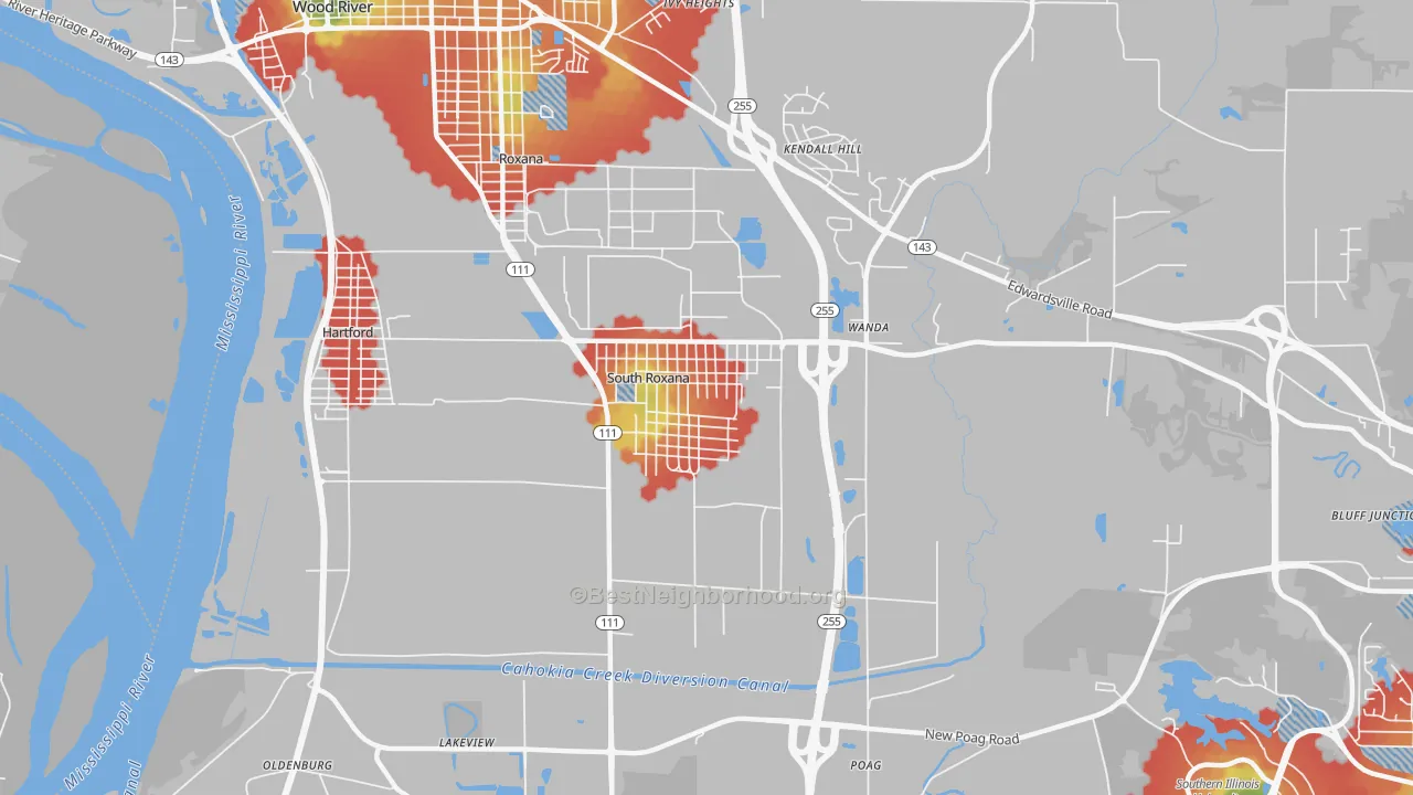 Walk Grade map of South Roxana, IL, walkable areas in green and car-dependent areas in red