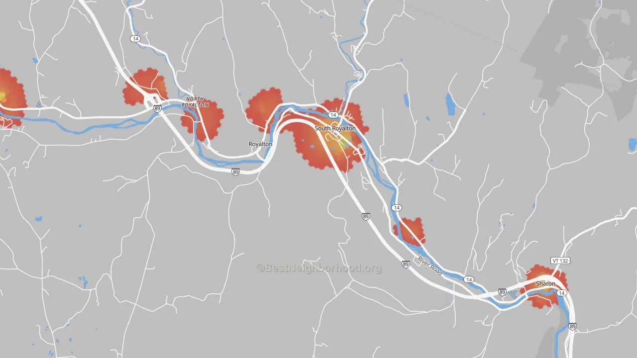 Walk Grade map of South Royalton, VT, walkable areas in green and car-dependent areas in red