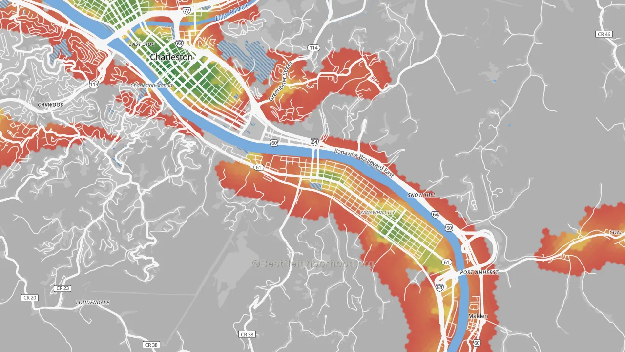Walk Grade map of South Ruffner, Charleston, WV, walkable areas in green and car-dependent areas in red